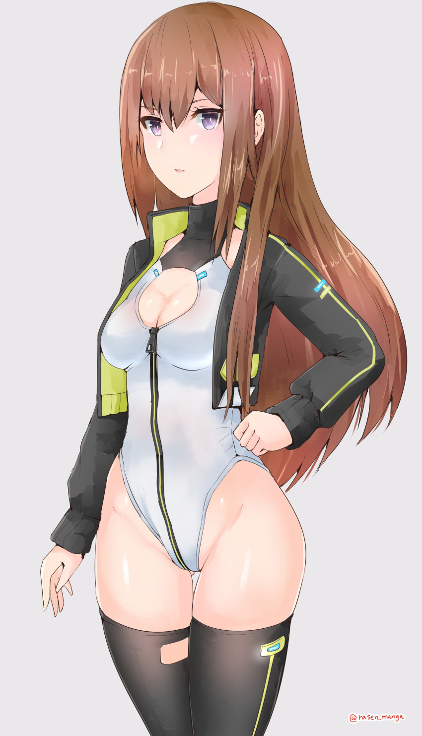 1girl, absurdres, alice_gear_aegis, black_jacket, black_legwear, booth_babe, breasts, brown_hair