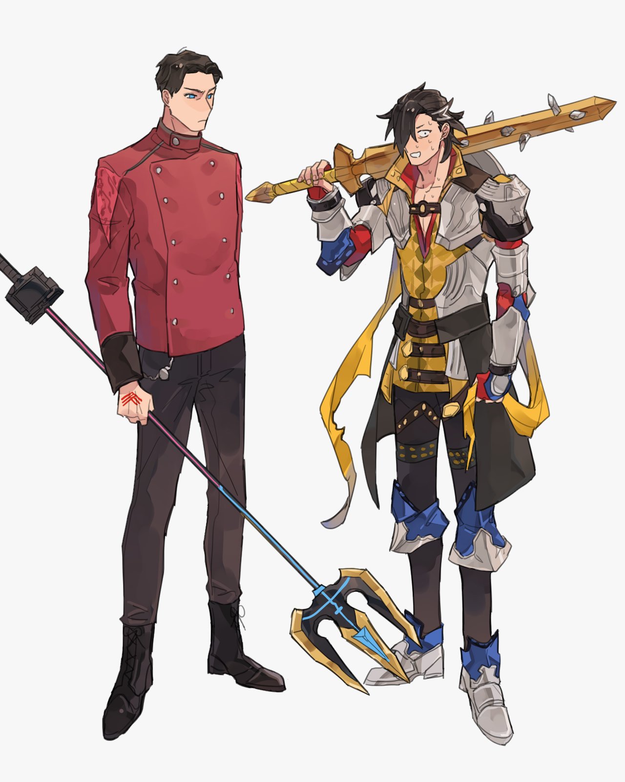 2boys, armor, bbbb_fex, black_footwear, black_hair, black_pants, blue_armor, blue_eyes, boots, character_request, checkered, checkered_shirt, crossover, fate/grand_order, fate_(series), fingerless_gloves, gloves, hair_over_one_eye, highres, holding, holding_weapon, kamen_rider, kamen_rider_saber_(series), leg_armor, mandricardo_(fate), multiple_boys, mythology, pants, polearm, popped_collar, scared, serious, shindai_ryoga, shirt, shoulder_armor, sweatdrop, trait_connection, trident, weapon, white_hair