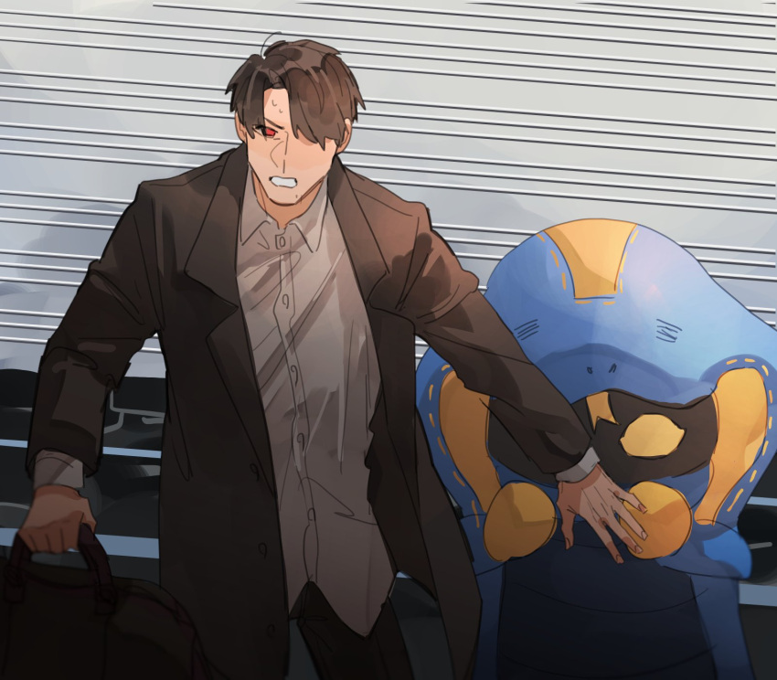 1boy, alternate_costume, bag, bbbb_fex, black_jacket, buttons, city, cobra_(animal)
