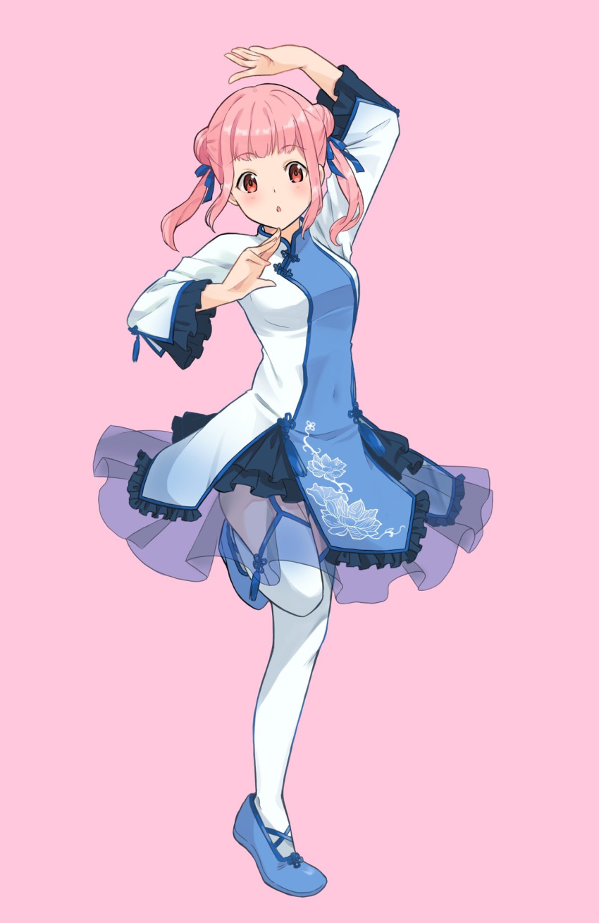 1girl, arm_up, bangs, black_skirt, blue_ribbon, blunt_bangs, covered_navel, eyebrows_visible_through_hair