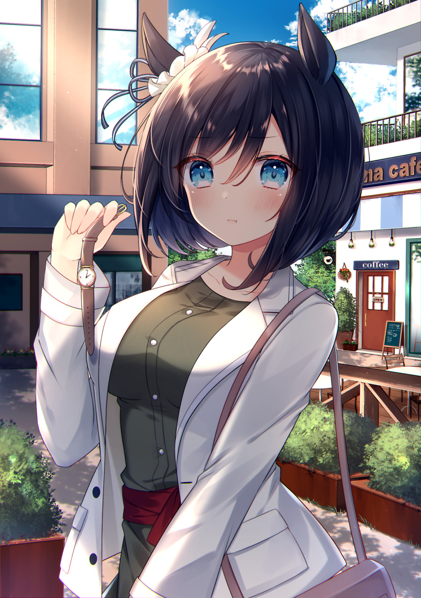 1girl, :t, animal_ears, bag, bangs, black_hair, blue_eyes, breasts