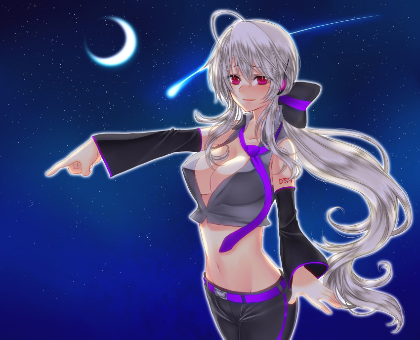 breasts, cleavage, crescent_moon, detached_sleeves, grey_hair, highres, jeans, lips