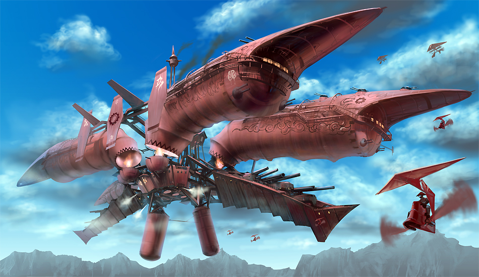 airship, akatsuhara_empire, cannon, flying, noba, pixiv, pixiv_fantasia, pixiv_fantasia_3