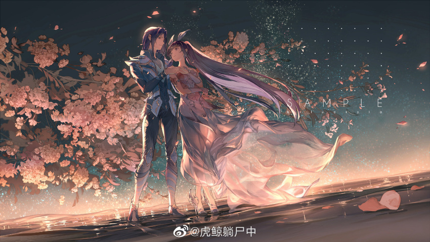 1boy, 1girl, animal_ears, douluo_dalu, dress, high_heels, highres, hu_jing_tang_shi_zhong, husband_and_wife, lights, pink_dress, ponytail, rabbit_ears, tang_san, weibo_id, weibo_logo, xiao_wu_(douluo_dalu)