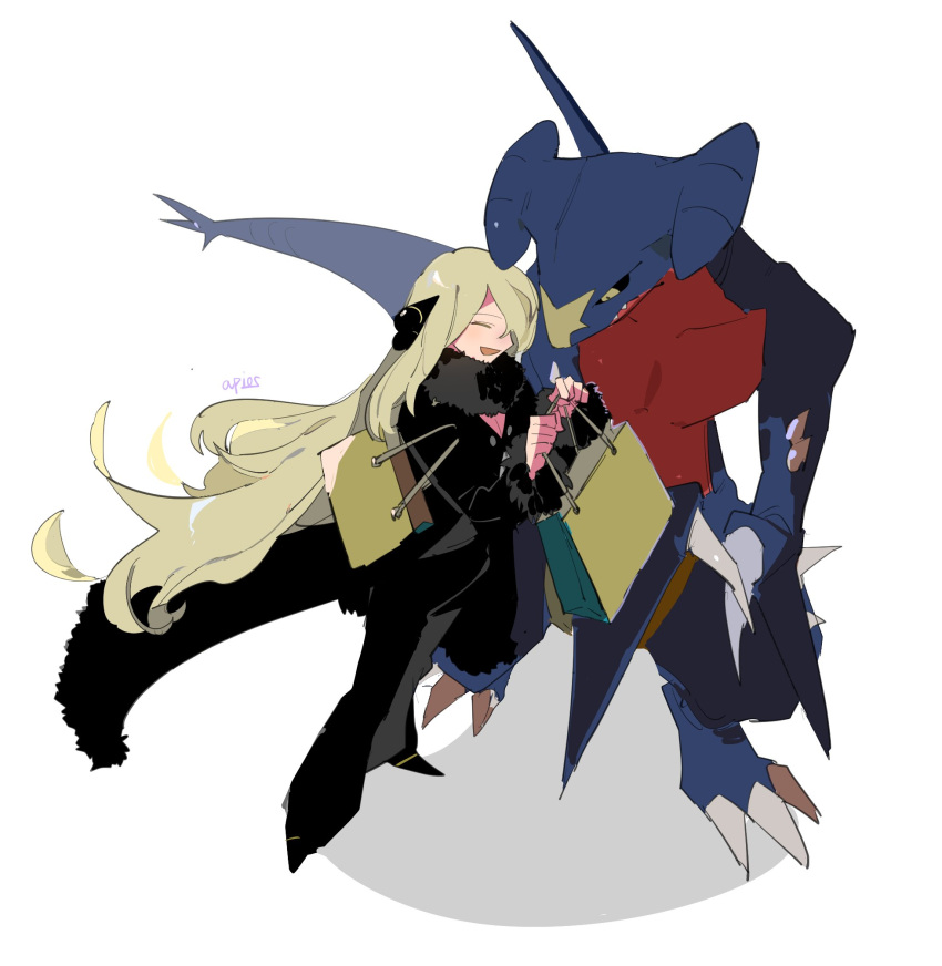 1girl, :d, apios1, bag, black_coat, black_footwear, black_pants, blonde_hair
