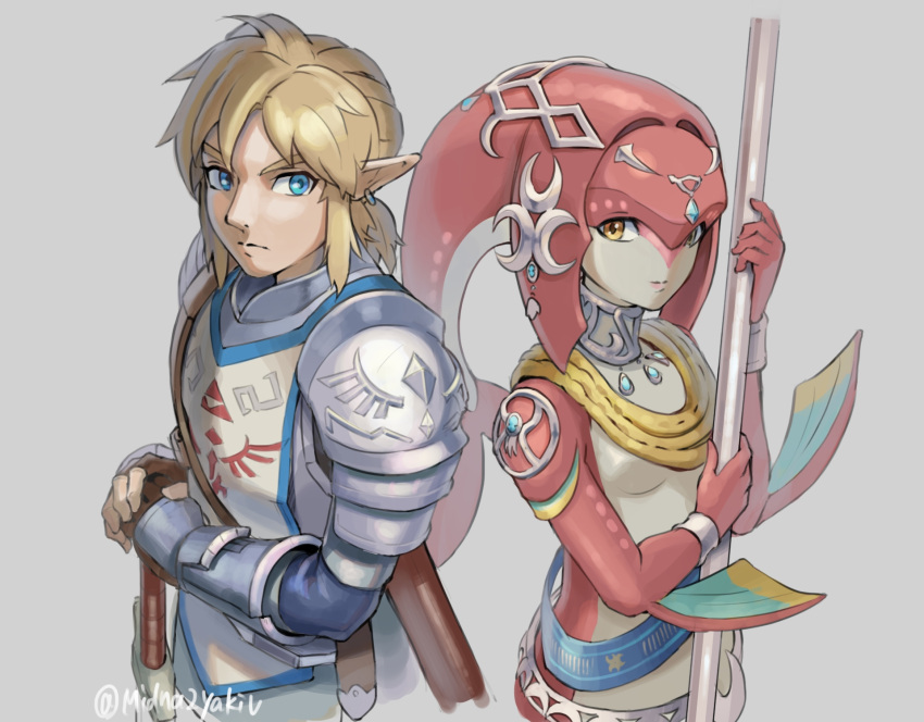 1boy, 1girl, armor, bangs, belt, blonde_hair, blue_belt, blue_eyes