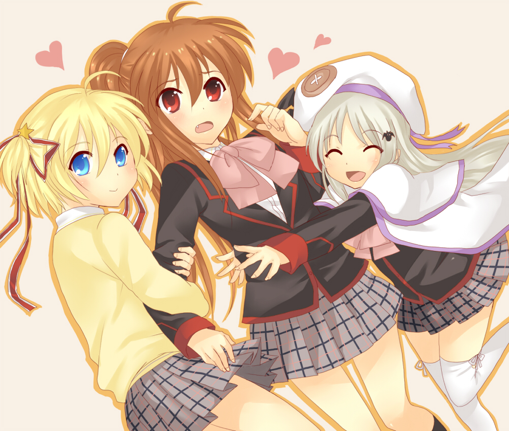 blonde_hair, blue_eyes, brown_hair, cape, fang, hat, hug, kamikita_komari