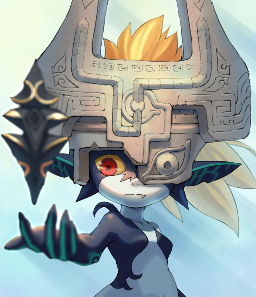 1girl, bangs, black_jacket, blonde_hair, breasts, brown_sclera, collarbone, colored_sclera, commentary_request, fang, fang_out, floating, gradient, gradient_background, gxp, helmet, highres, jacket, long_hair, midna, one_eye_covered, pointy_ears, red_eyes, shiny, shiny_hair, small_breasts, stone, the_legend_of_zelda, the_legend_of_zelda:_twilight_princess, upper-body