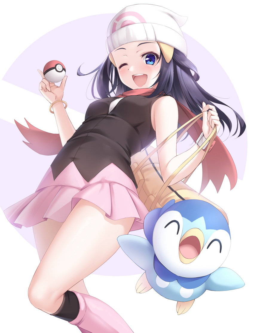 1girl, ;d, bag, beanie, black_shirt, blue_hair, commentary_request, hat