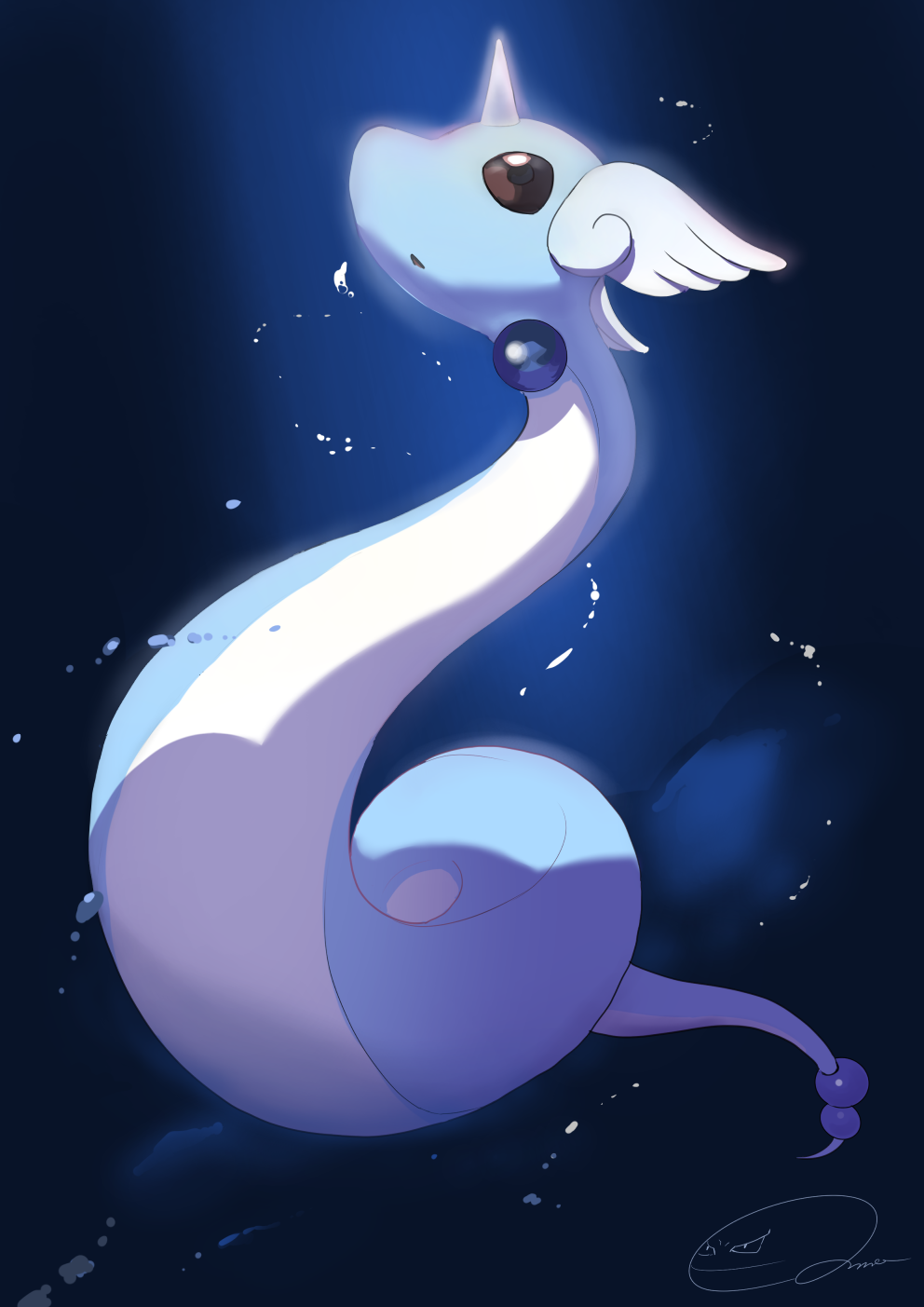 air_bubble, brown_eyes, bubble, commentary_request, dragonair, full_body, highres, horns, koma_nezumi, looking_up, no_humans, pokemon, pokemon_(creature), signature, single_horn, solo, underwater