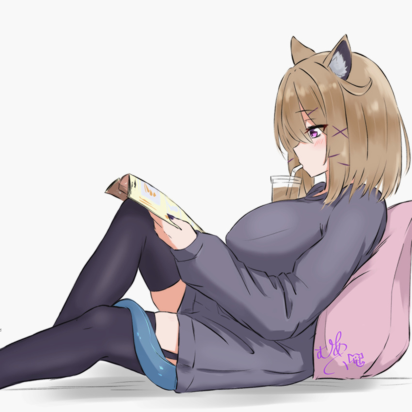 1girl, animal_ear_fluff, animal_ears, arknights, black_legwear, black_nails, blush, book