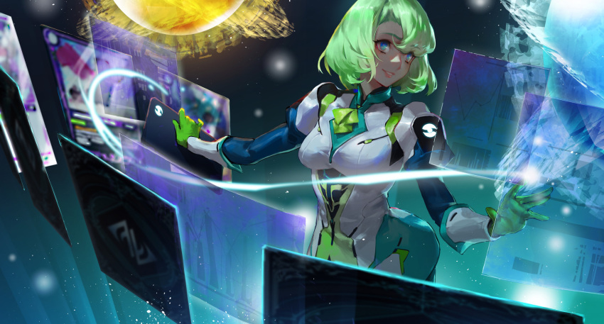 1girl, bangs, blue_eyes, bodysuit, breasts, gloves, green_gloves, green_hair