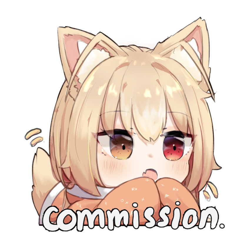 1girl, :o, animal_ear_fluff, animal_ears, blush, brown_eyes, chibi, commentary, commission, english_commentary, english_text, fang, hands_up, heterochromia, light_brown_hair, looking_away, miaoema, motion_lines, open_mouth, original, red_eyes, simple_background, solo, white_background