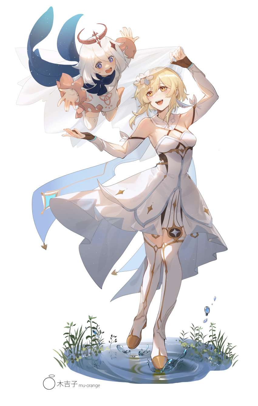 2girls, :d, absurdres, arm_up, artist_name, bangs, bare_shoulders, black_gloves, blonde_hair, blue_eyes, chinese_commentary, commentary_request, detached_sleeves, dress, eye_contact, floating, flower, full_body, genshin_impact, gloves, grass, hair_flower, hair_ornament, halo, highres, holding_veil, long_sleeves, looking_at_another, lumine_(genshin_impact), mujizi, multiple_girls, open_mouth, outstretched_arm, outstretched_arms, outstretched_hand, paimon_(genshin_impact), partially_fingerless_gloves, ripples, shoes, short_hair, short_hair_with_long_locks, silver_hair, simple_background, single_thighhigh, smile, spread_arms, teeth, thigh-highs, upper_teeth, veil, water, white_background, white_dress, white_legwear, yellow_eyes