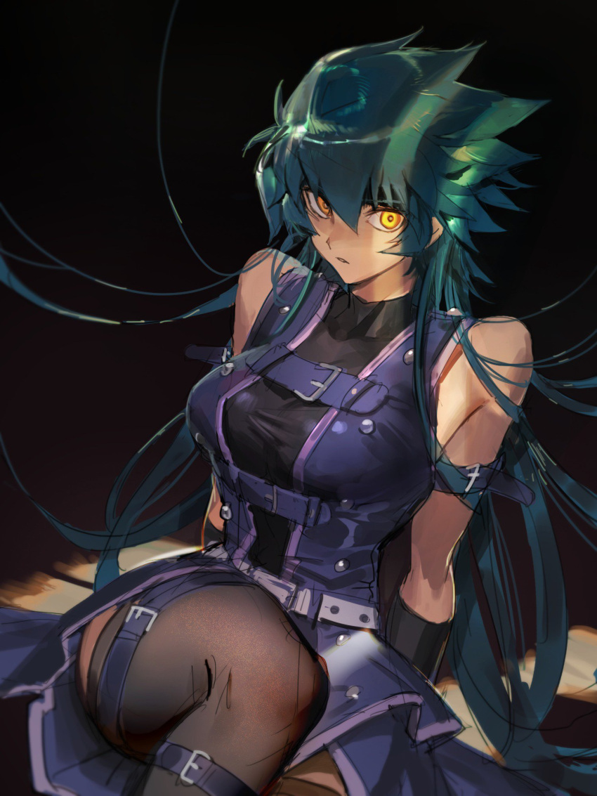 1girl, arm_belt, bangs, bare_shoulders, belt, black_shirt, breasts, cocaduel