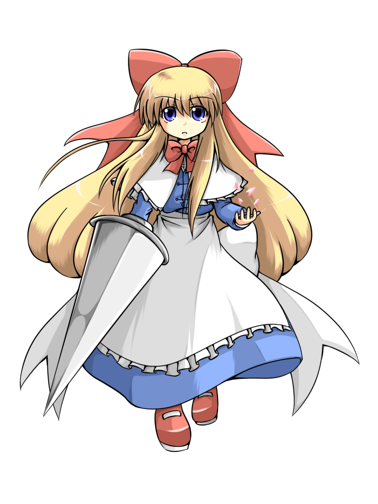 blonde_hair, blue_eyes, hair_ribbon, lance, long_hair, polearm, ribbon, shanghai