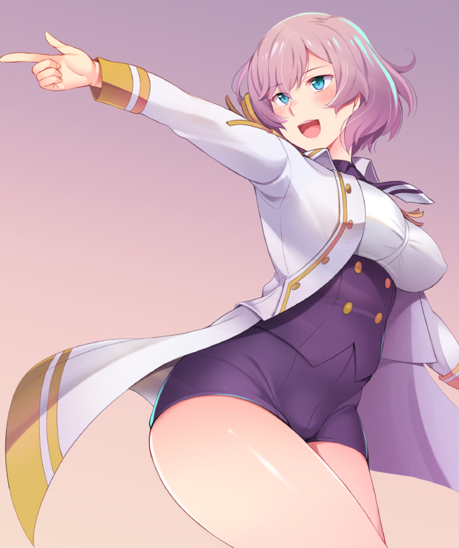 1girl, breasts, corset, dynazenon_(character), epaulettes, finger_gun, fringe_trim, gridman_universe