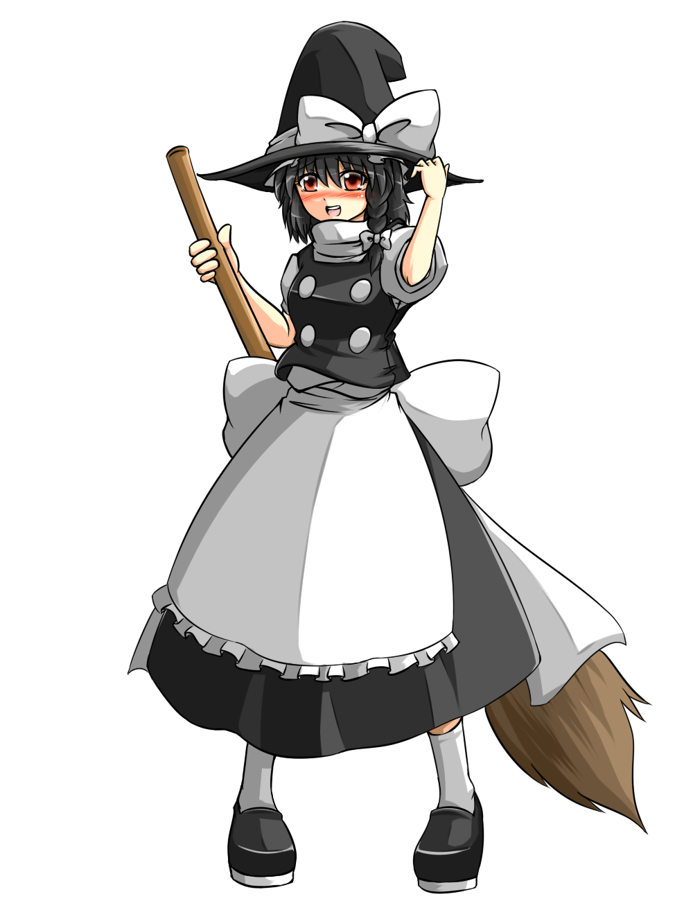 bad_id, black_hair, broom, cosplay, hakurei_reimu, hat, highres, kirisame_marisa