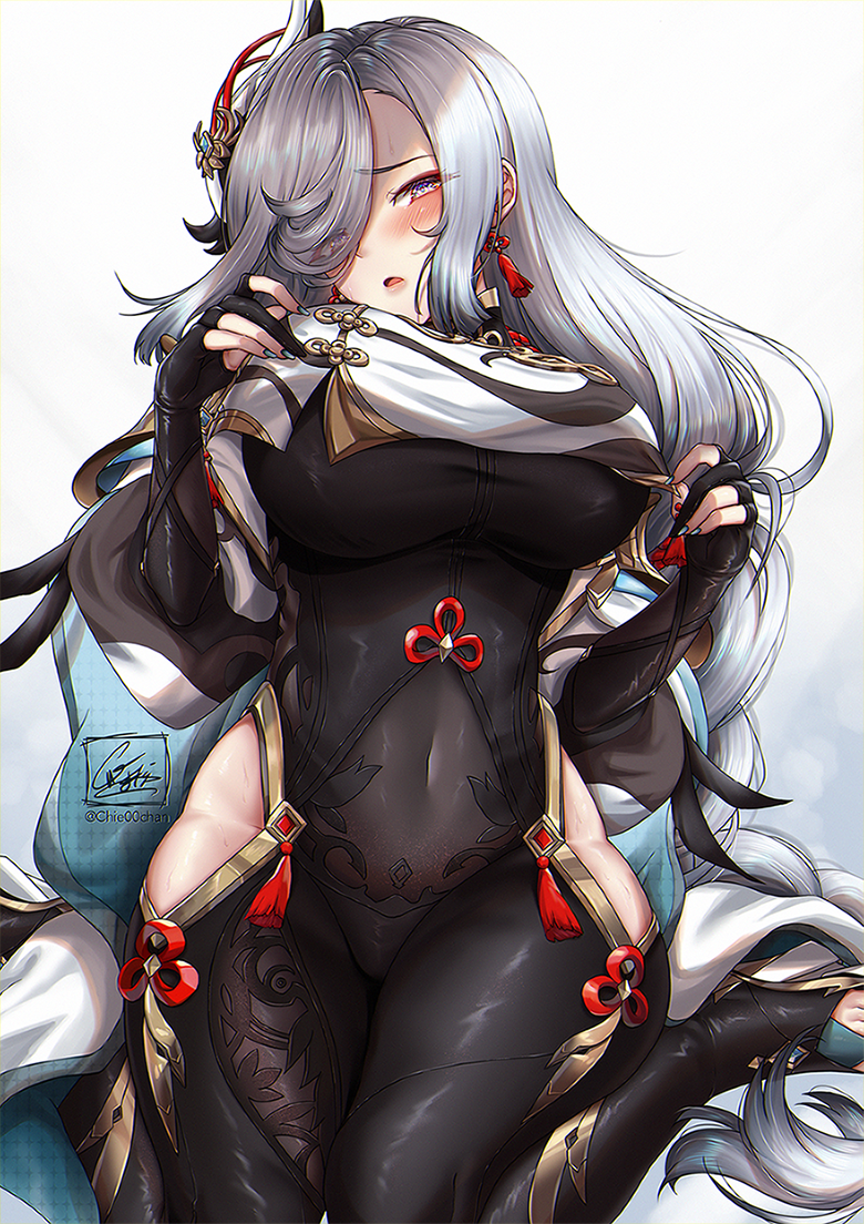 1girl, :o, artist_logo, artist_name, bangs, blush, bodysuit, braid, breasts, chie00chan, eyeshadow, full_body, genshin_impact, gloves, gold_trim, hair_ornament, hair_over_one_eye, high_heels, knees_out_of_frame, knees_together_feet_apart, large_breasts, long_hair, makeup, open_mouth, parted_bangs, partially_fingerless_gloves, shenhe_(genshin_impact), silver_hair, simple_background, sitting, solo, thighs, violet_eyes, wariza