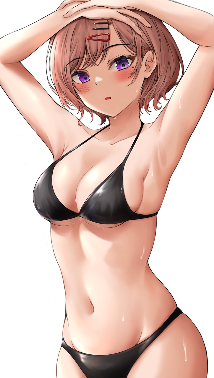 1girl, armpits, arms_up, bikini, black_bikini, blush, breasts, brown_hair