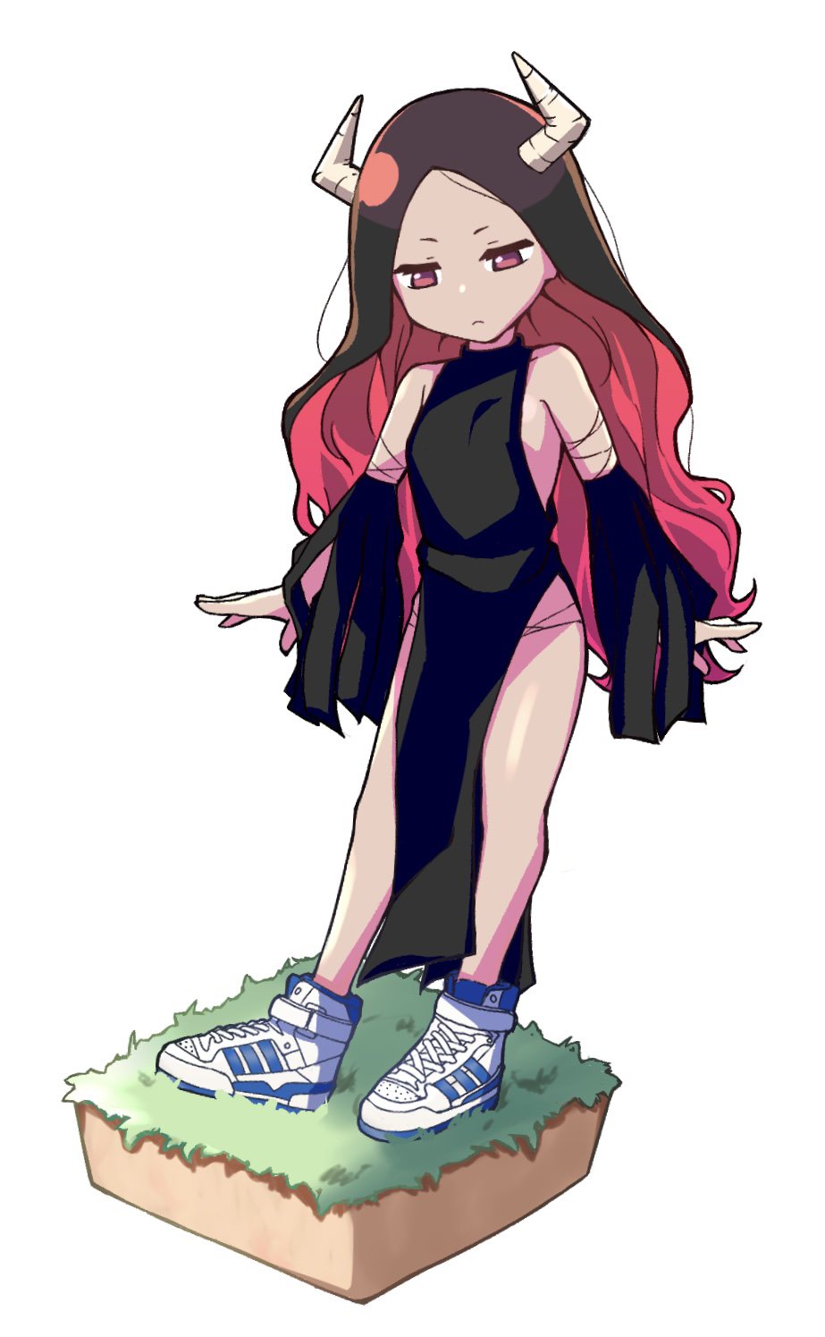 1girl, black_hair, colored_inner_hair, commentary, demon_girl, detached_sleeves, grass, highres