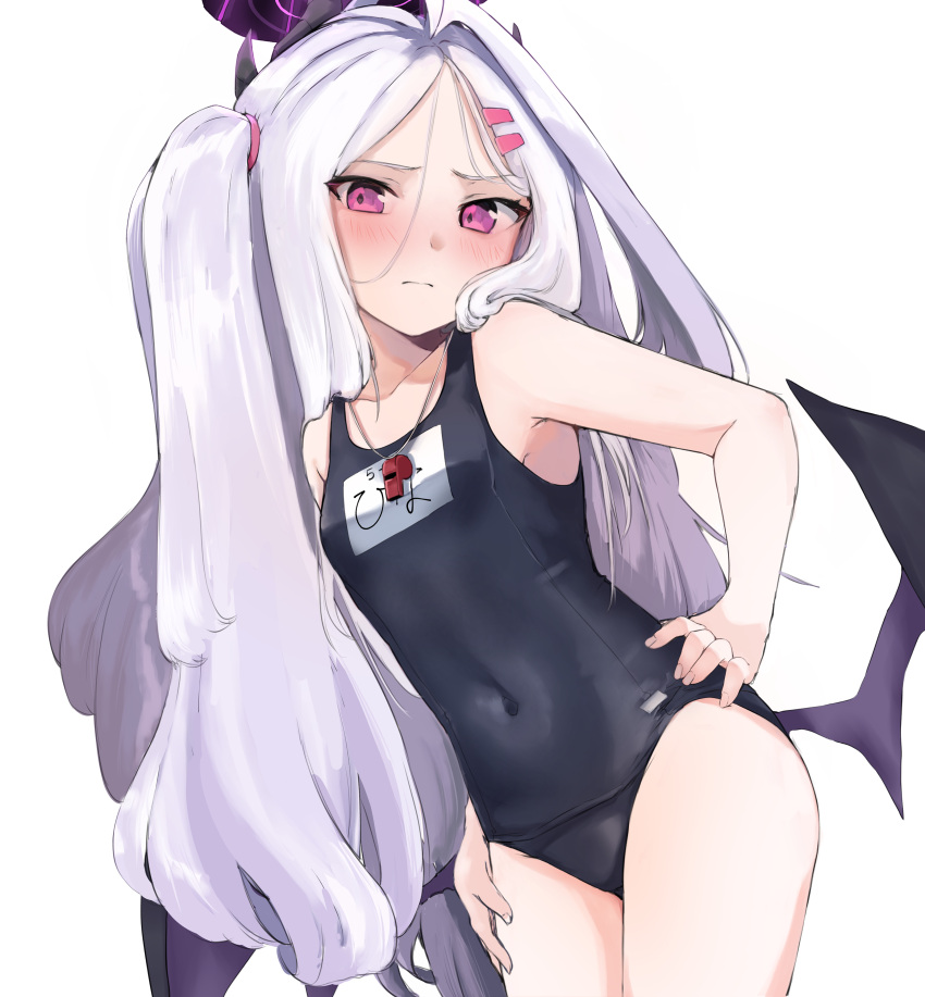 1girl, absurdres, ahoge, blue_archive, blue_swimsuit, blush, breasts, covered_navel