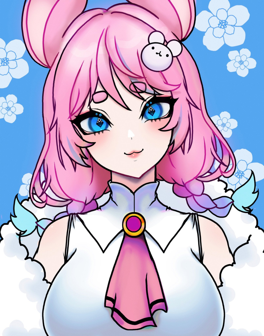 1girl, :3, animal_ears, ascot, blue_background, blue_eyes, blue_hair, blush