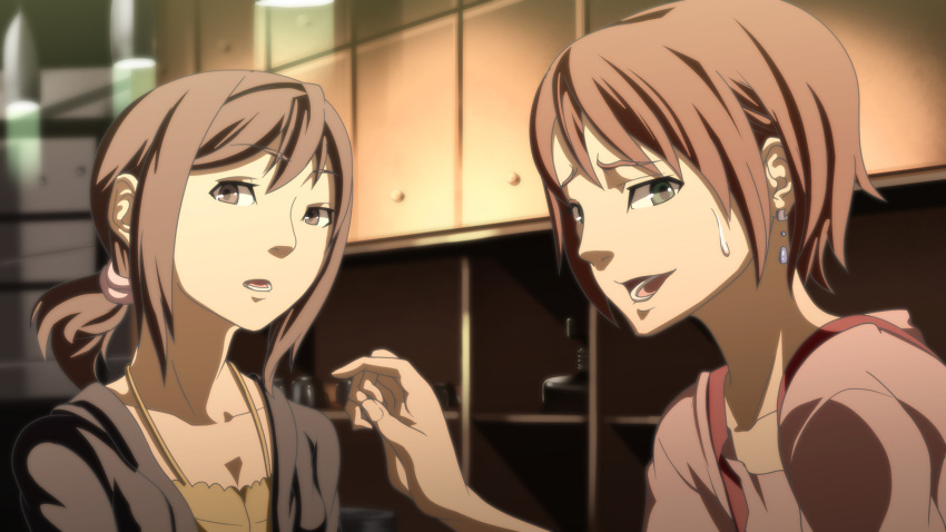 brown_eyes, brown_hair, casual, earrings, eve_no_jikan, green_eyes, highres, jewelry