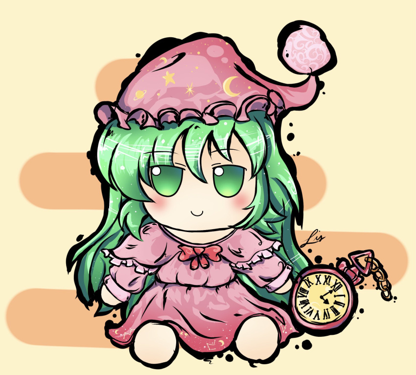 1girl, blush, bow, capelet, clock, crescent, dress, eyebrows_visible_through_hair, fumo_(doll), green_eyes, green_hair, hat, highres, kazami_yuuka, kazami_yuuka_(pc-98), lis, long_hair, long_sleeves, nightcap, pajamas, pink_capelet, pink_dress, pink_headwear, pink_pajamas, pom_pom_(clothes), red_bow, sitting, smile, star_(symbol), touhou, very_long_hair
