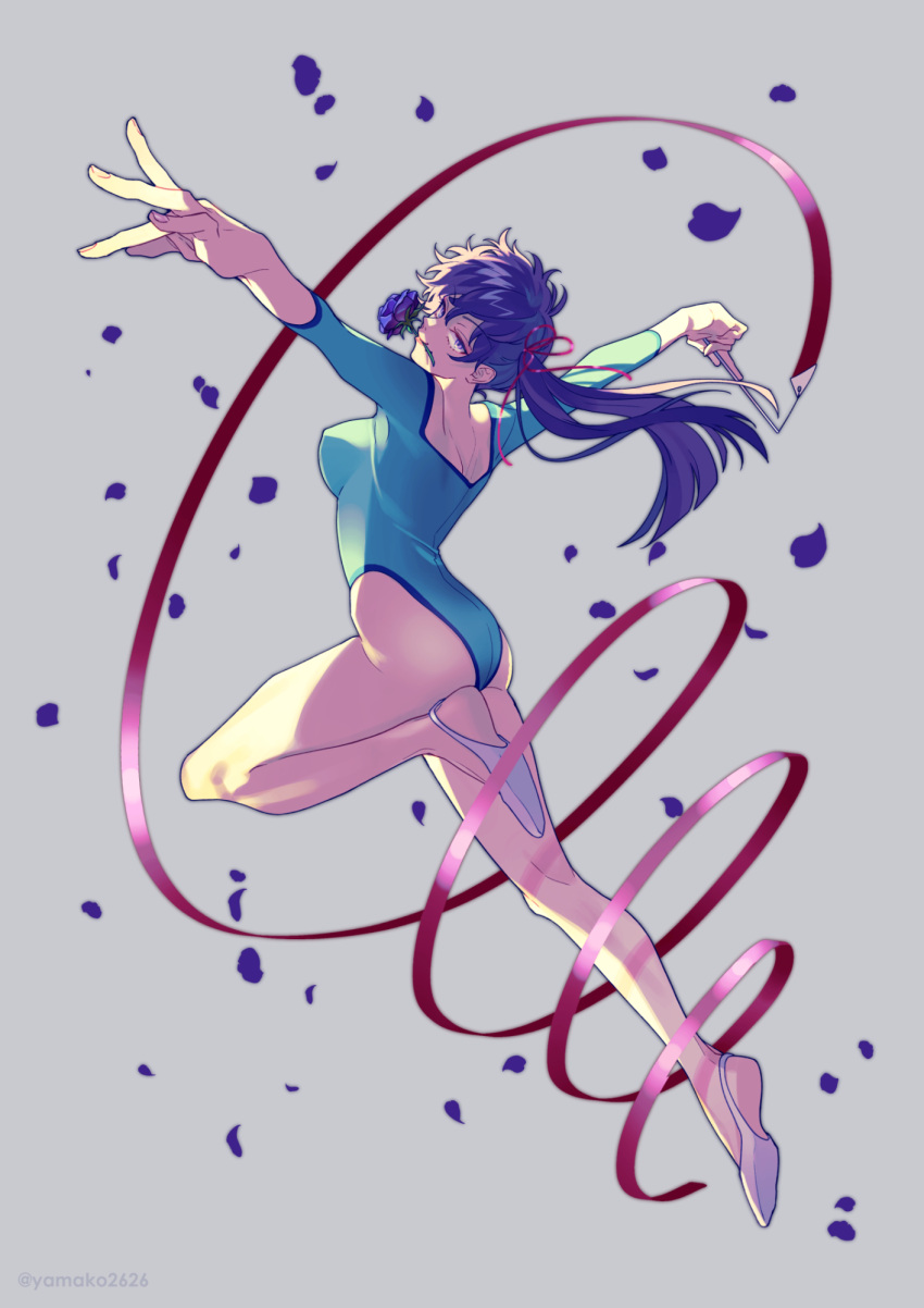 1girl, aqua_leotard, athletic_leotard, bare_legs, closed_mouth, floating_hair, flower, flower_in_mouth