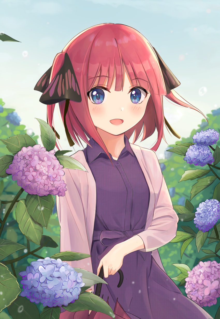 1girl, :d, a_b2fei96038, absurdres, bangs, black_ribbon, blue_eyes, blunt_bangs, blush, breasts, butterfly_hair_ornament, cardigan, dress, flower, go-toubun_no_hanayome, hair_ornament, highres, holding, holding_umbrella, looking_at_viewer, nakano_nino, outdoors, pink_cardigan, pink_hair, purple_dress, ribbon, sky, smile, twintails, umbrella, water_drop