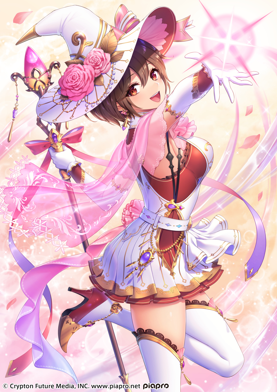 1girl, :d, brown_hair, detached_sleeves, dress, flower, hand_up, hat