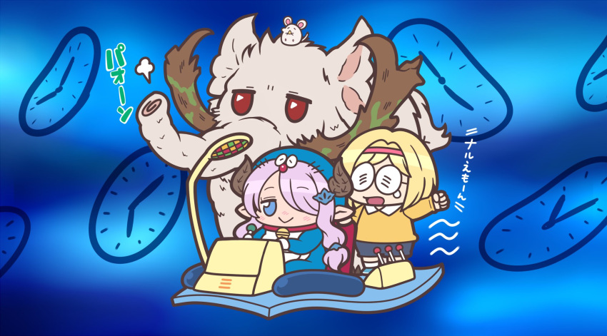 2girls, :>, analog_clock, bell, blonde_hair, blue_eyes, clock, commentary_request, cosplay, cupsoup, djeeta_(granblue_fantasy), doraemon, doraemon_(character), doraemon_(character)_(cosplay), glasses, granblue_fantasy, hair_over_one_eye, hairband, highres, horns, long_hair, mammoth, mammoth_(granblue_fantasy), mouse, multiple_girls, narmaya_(granblue_fantasy), neck_bell, nobi_nobita, nobi_nobita_(cosplay), parody, pink_hair, post_guild_war_celebration, round_eyewear, shirt, short_hair, shorts, sitting, standing, time_machine, translation_request, yellow_shirt