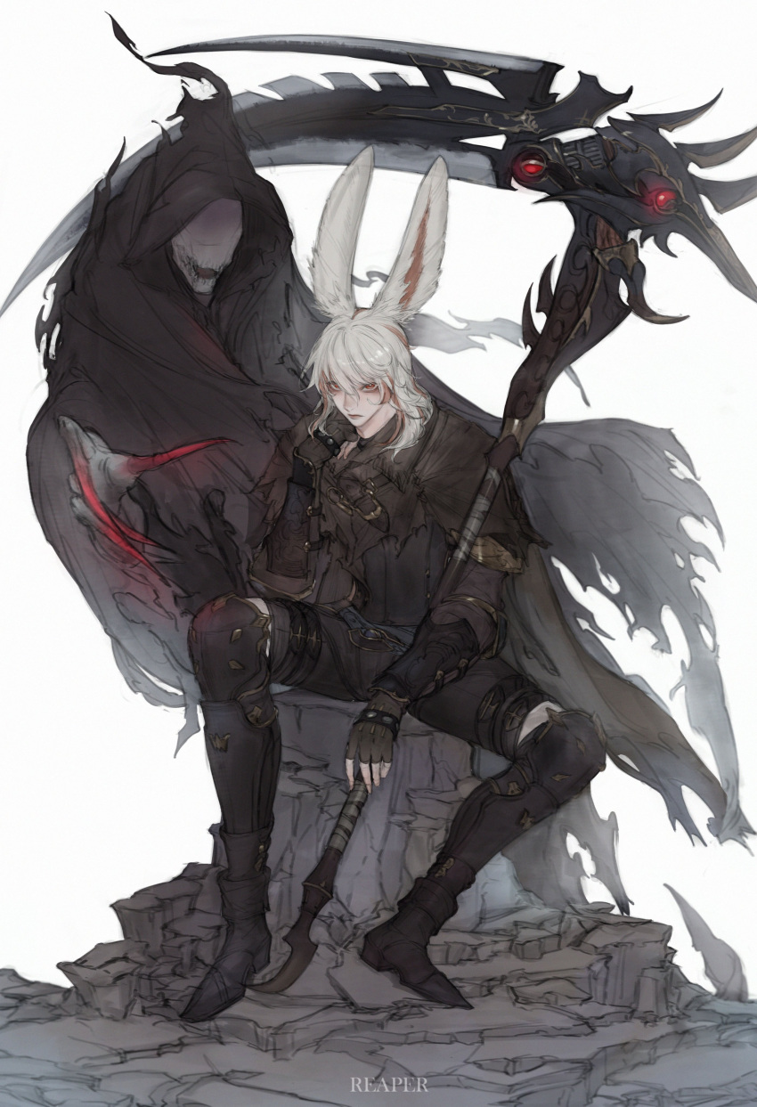 1boy, absurdres, animal_ears, armor, avatar_(ffxiv), bangs, belt, black_footwear