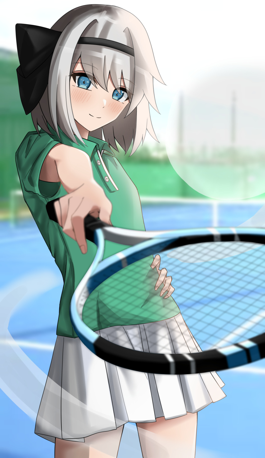 1girl, absurdres, alternate_costume, bangs, black_hairband, blue_eyes, blurry, blurry_background