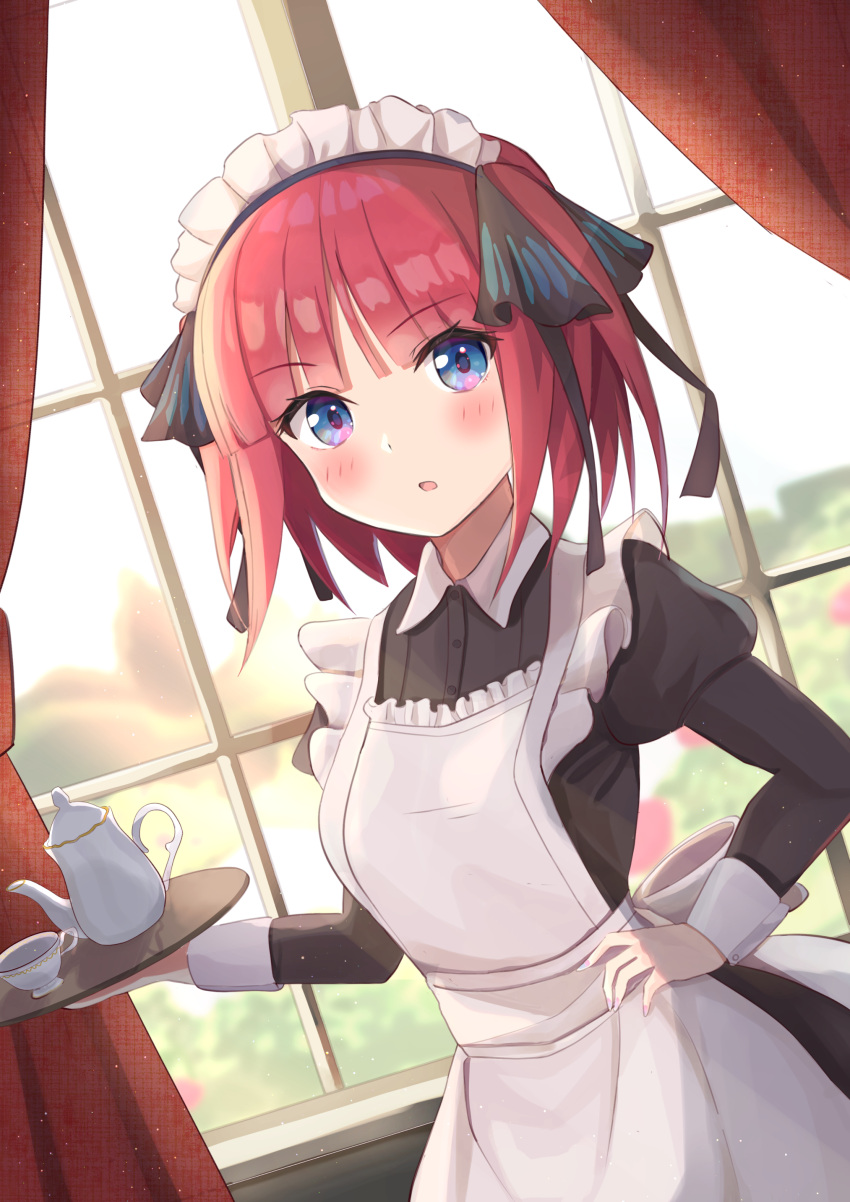 1girl, a_b2fei96038, absurdres, alternate_costume, apron, bangs, black_dress, black_ribbon, blue_eyes, blunt_bangs, blush, breasts, butterfly_hair_ornament, cup, curtains, dress, enmaided, frilled_apron, frills, go-toubun_no_hanayome, hair_ornament, hand_on_hip, highres, holding, holding_tray, indoors, juliet_sleeves, large_breasts, long_sleeves, looking_at_viewer, maid, maid_apron, maid_headdress, multicolored_nails, nail_polish, nakano_nino, open_mouth, pink_hair, puffy_sleeves, ribbon, teacup, teapot, tray, twintails, window