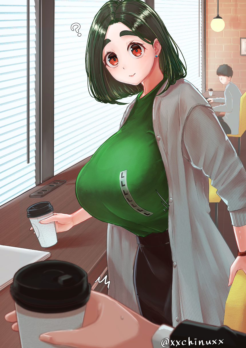 1girl, :>, ?, blinds, breasts, chinushroya, coat, coffee_cup