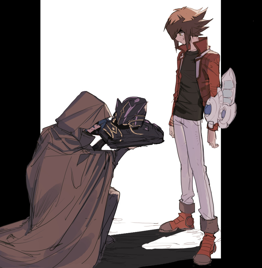 2boys, absurdres, black_shirt, brown_eyes, brown_hair, cloak, cocaduel, duel_academy_uniform_(yu-gi-oh!_gx)