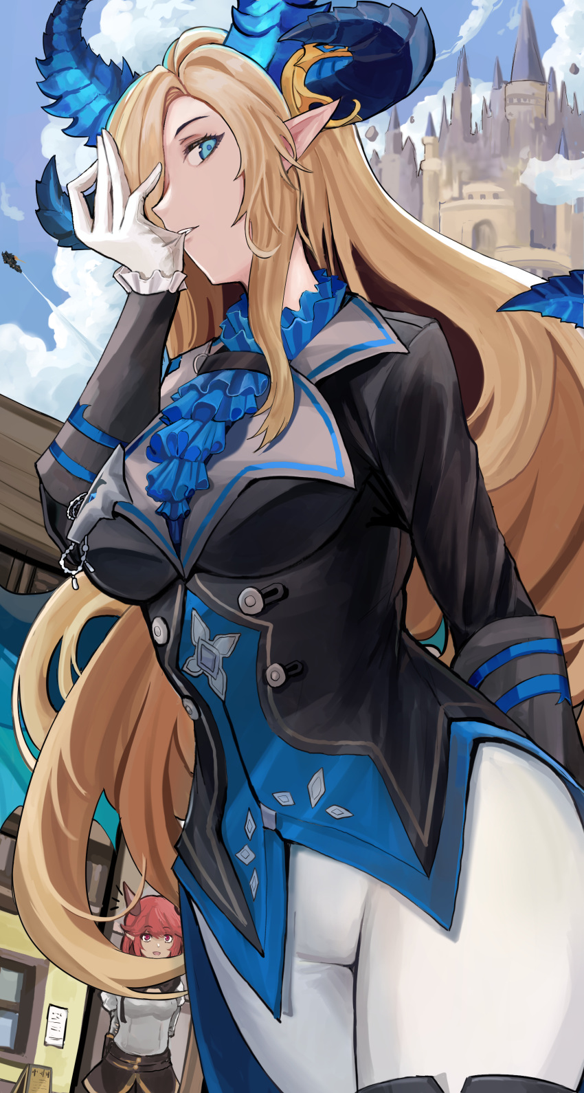 2girls, absurdres, android, black_jacket, blonde_hair, blue_eyes, blue_horns, breasts, castle, clouds, cloudy_sky, demon_girl, gloves, guardian_tales, highres, horns, jacket, long_hair, mecha_warrior_oghma, medium_breasts, multiple_girls, noble_succubus_bianca, redhead, sky, solo_focus, succubus_adventurer_yuze, white_gloves, white_legwear, will2012tw