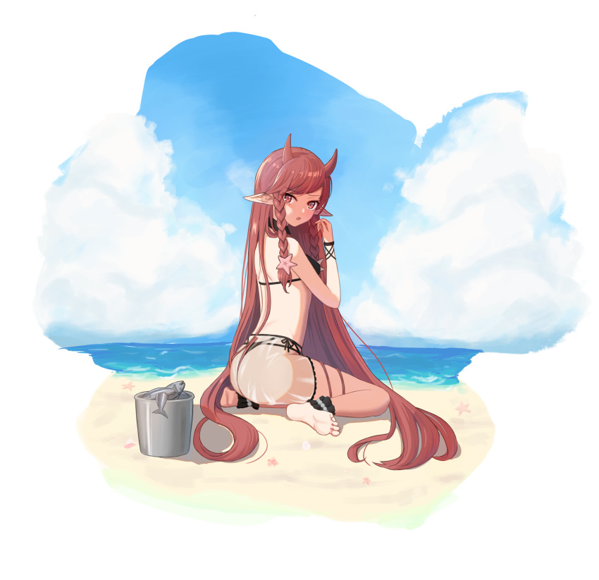 1girl, ankle_cuffs, arknights, ass, back, bangs, barefoot, beach, bikini, black_bikini, blue_sky, blush, braid, breasts, bucket, clouds, cloudy_sky, commentary, day, demon_horns, eyebrows_visible_through_hair, fang, fish, from_side, full_body, furrowed_brow, hane_no_momiji, highres, horns, long_hair, looking_at_viewer, looking_back, medium_breasts, official_alternate_costume, open_mouth, outdoors, pointy_ears, red_eyes, redhead, see-through, side-tie_bikini, side_braids, sitting, sky, soles, solo, starfish_hair_ornament, string_bikini, swept_bangs, swimsuit, thigh_strap, twin_braids, very_long_hair, vigna_(arknights), vigna_(casual_vacation)_(arknights), wariza