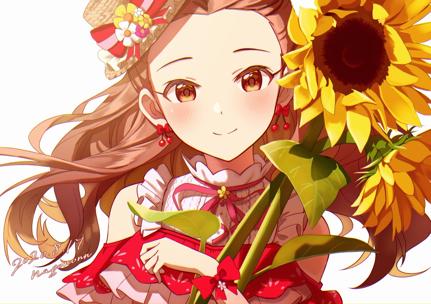 1girl, artist_name, blush, boater_hat, brown_hair, brown_headwear, cherry_earrings, closed_mouth