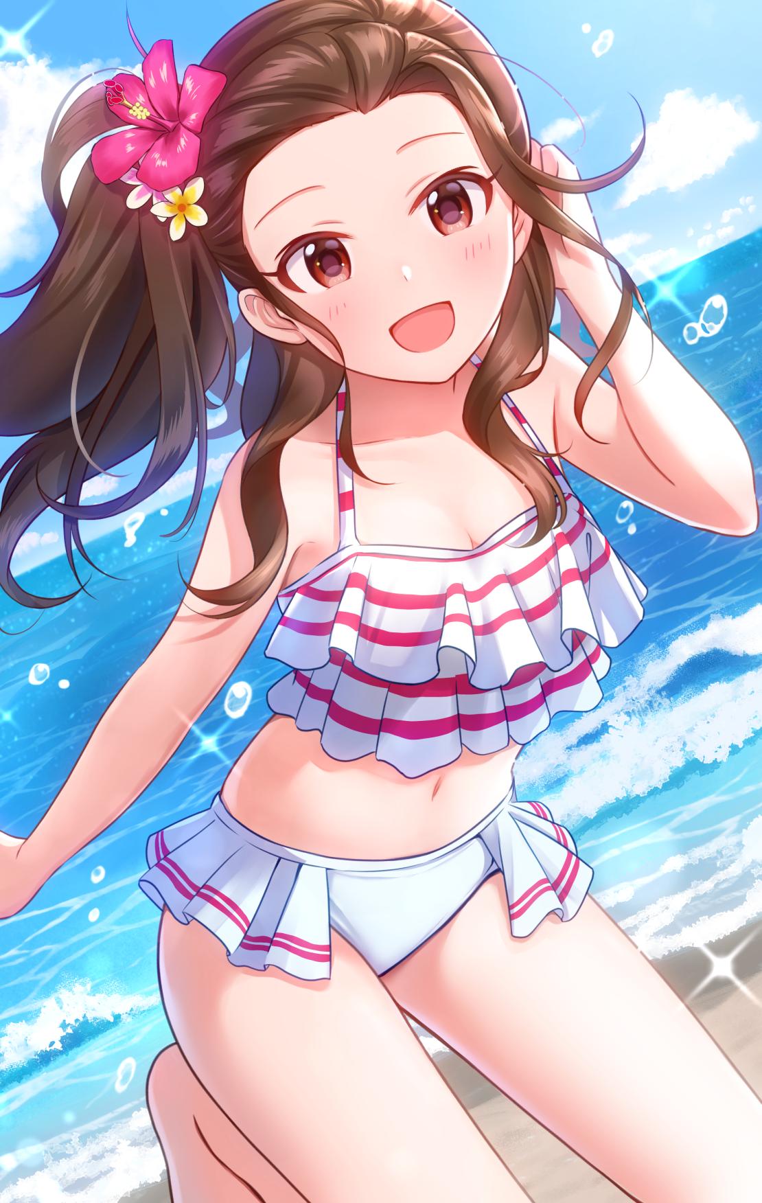 1girl, barefoot, beach, bikini, blue_sky, brown_hair, clouds, cloudy_sky