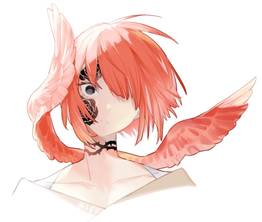 1boy, anchun_(quail0503), androgynous, bangs, black_eyes, chinese_commentary, collarbone, facial_tattoo, feathered_wings, frown, hair_over_one_eye, looking_at_viewer, male_focus, mini_wings, neck_tattoo, one_eye_covered, original, portrait, red_wings, redhead, short_hair, simple_background, solo, tattoo, thorns, white_background, wide-eyed, wings