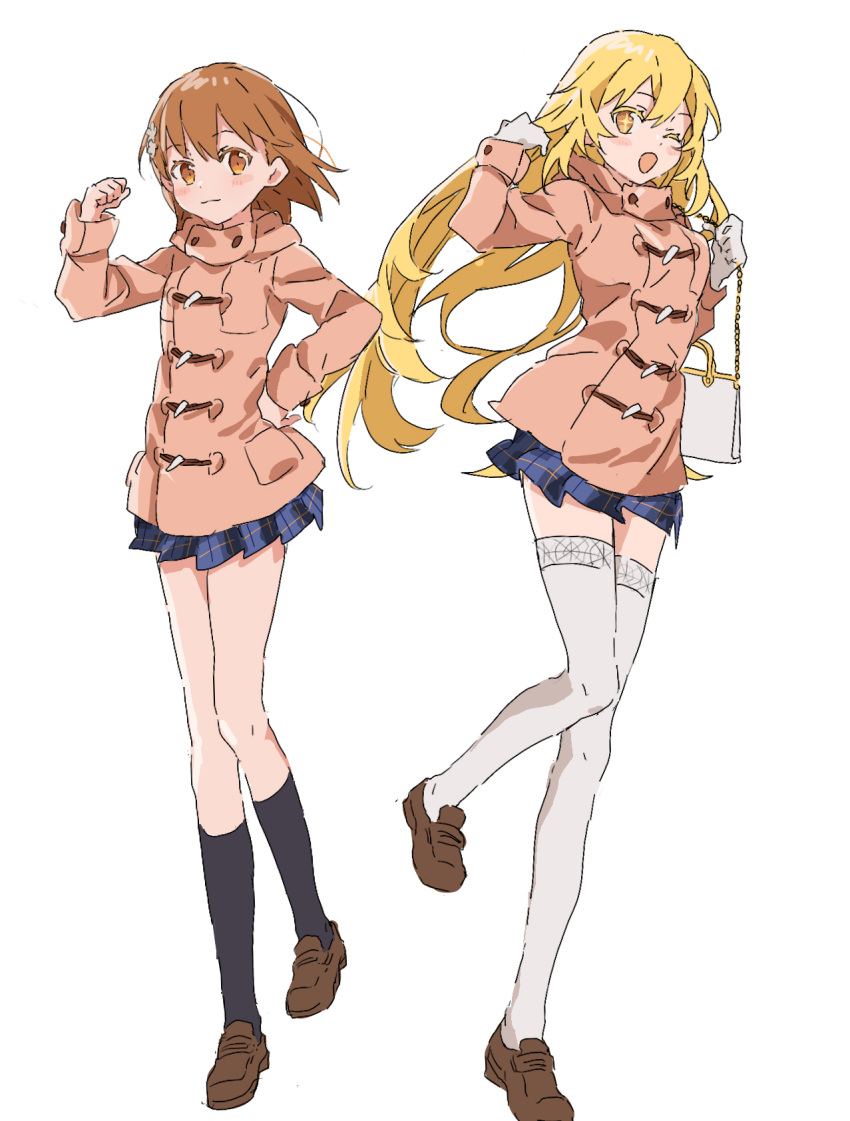+_+, 2girls, blonde_hair, breasts, brown_eyes, brown_hair, coat, duffel_coat