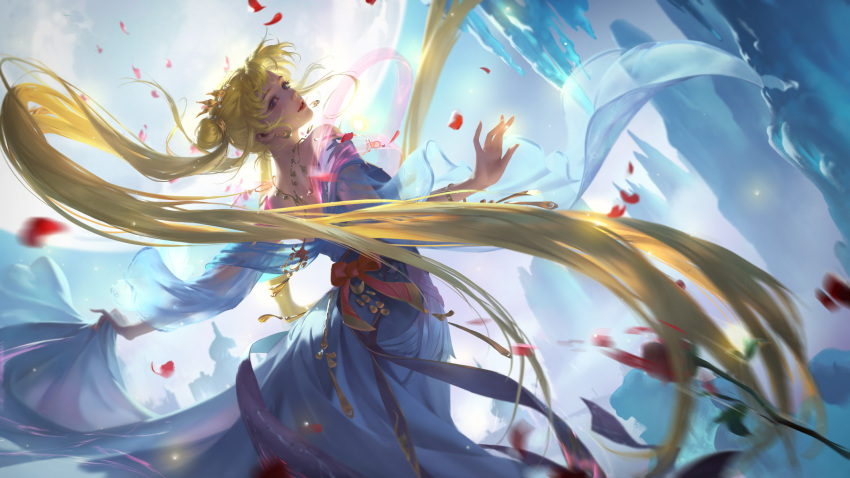 1girl, back_bow, bangs, bare_shoulders, beads, bishoujo_senshi_sailor_moon, blonde_hair, blue_dress, blue_eyes, blue_theme, bow, bracelet, broken_necklace, castle, chinese_commentary, coin_(ornament), crescent, crescent_earrings, crescent_facial_mark, dancing, detached_sleeves, dome, double_bun, dress, dutch_angle, earrings, eyelashes, facial_mark, feet_out_of_frame, floating_hair, forehead_mark, from_behind, hagoromo, hair_beads, hair_ornament, highres, jewelry, leaning_back, li_miao, light_particles, long_hair, looking_at_viewer, looking_back, looking_to_the_side, motion_blur, necklace, outdoors, outstretched_arms, parted_lips, pearl_(gemstone), petals, planet, red_bow, see-through, shawl, sidelocks, skirt_hold, sky, smile, solo, stalactite, tsukino_usagi, twintails