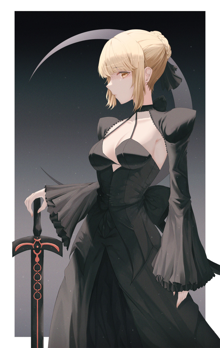 1girl, artoria_pendragon_(fate), black_hair, blonde_hair, border, braid, breasts, cowboy_shot, crescent_moon, excalibur_morgan_(fate), fate/grand_order, fate_(series), french_braid, frilled_sleeves, frills, from_side, gradient, gradient_background, halterneck, highres, juliet_sleeves, long_sleeves, looking_at_viewer, medium_breasts, moly_(molyy0218), moon, outside_border, planted, planted_sword, puffy_sleeves, saber, saber_alter, solo, sword, weapon, white_border, wide_sleeves, yellow_eyes