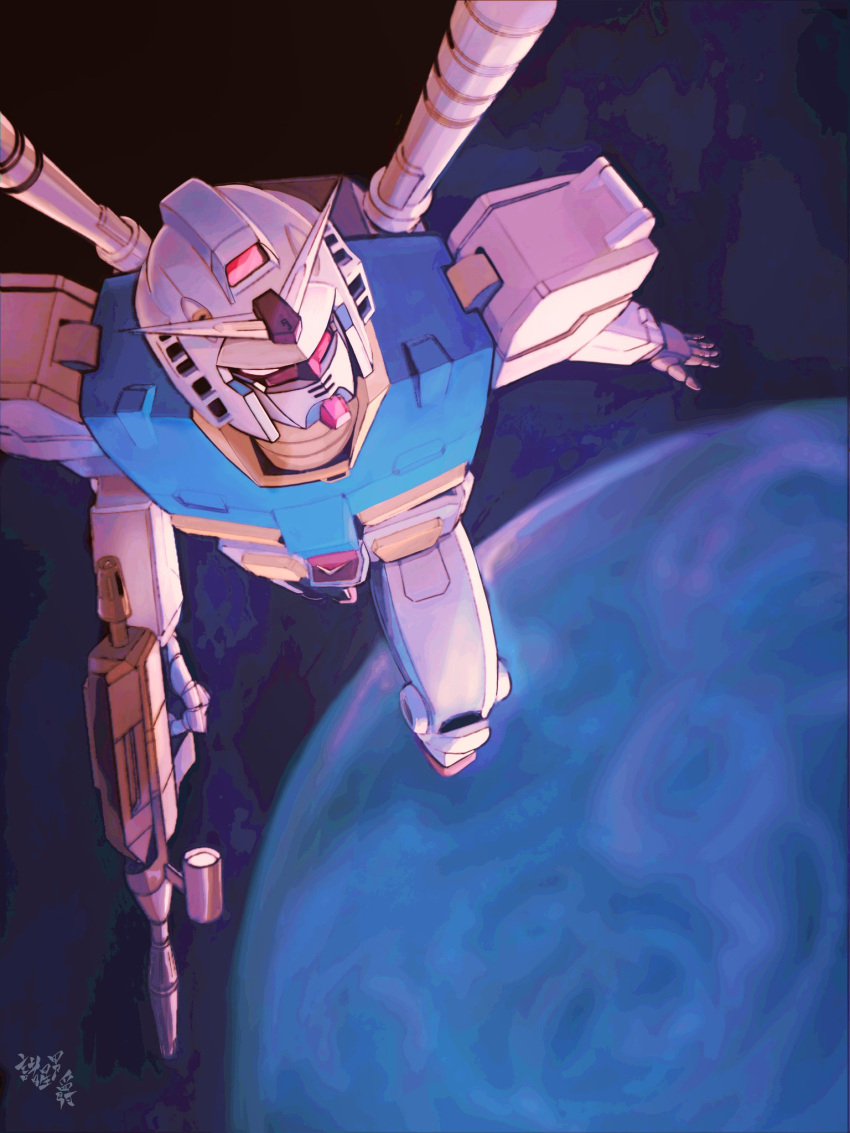 beam_rifle, energy_gun, from_above, gun, gundam, highres, holding, holding_gun, holding_weapon, looking_at_viewer, looking_to_the_side, mecha, mobile_suit, mobile_suit_gundam, moroboshi_danshaku, no_humans, open_hand, planet, rx-78-2, solo, space, v-fin, weapon, yellow_eyes