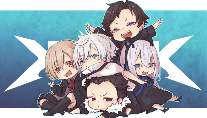 1girl, 4boys, apex_legends, bangs, black_dress, black_eyes, black_footwear, black_hair, black_hoodie, blue_eyes, cat_ear_headphones, chibi, collared_shirt, crylixblooom, double_v, dress, euriece, eyebrows_visible_through_hair, facial_hair, fangs, grey_shirt, hair_behind_ear, headphones, heterochromia, high_heels, hood, hoodie, ksgk, long_hair, lying, multiple_boys, neck_ribbon, on_stomach, open_mouth, original, red_ribbon, reignite, restya, ribbon, rpr, ruuna_(araiguma566), scarz, shirt, short_hair, silver_hair, smile, stubble, tempplex, torrent_(esports), v, v-shaped_eyebrows