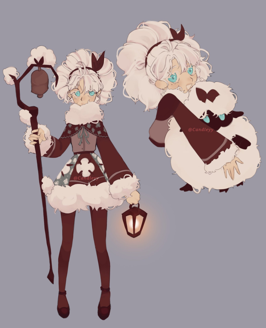 1girl, blue_eyes, candleyy, character_request, cookie_run, cotton_ball, cotton_cookie, headband, highres, holding, holding_lantern, holding_staff, lantern, mole, mole_under_eye, solo, staff, white_hair