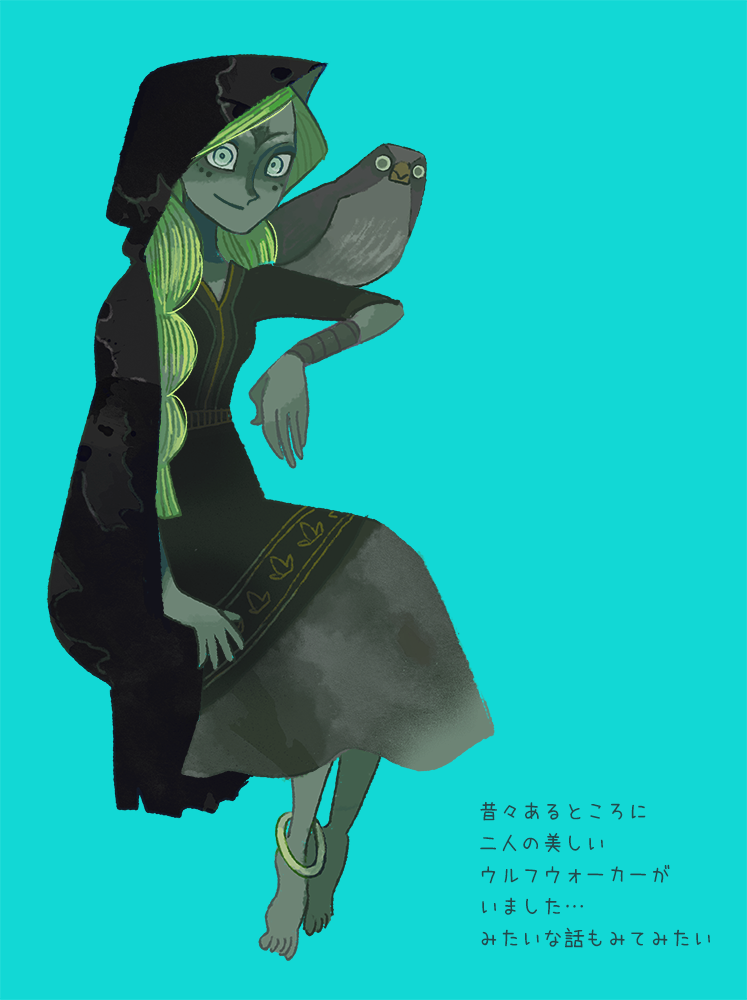 1girl, animal_on_arm, anklet, barefoot, bird, bird_on_arm, blonde_hair, blue_background, blue_eyes, braid, cloak, dress, facial_mark, falcon, hood, hooded_cloak, jewelry, katou_(osoraku), merlyn_(wolfwalkers), robyn_goodfellowe, sitting, smile, translation_request, twin_braids, wolfwalkers